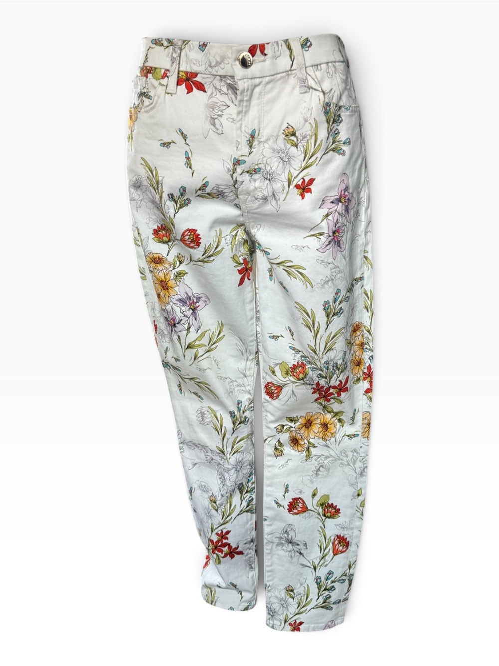 Jen7 white ankle skinny jeans with a vibrant, painterly botanical print